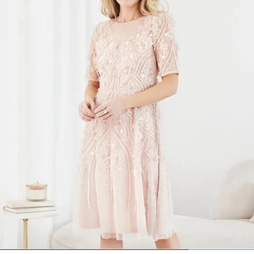 ADRIANNA PAPELL 3D FLORAL MIDI DRESS Shell Pink NEW